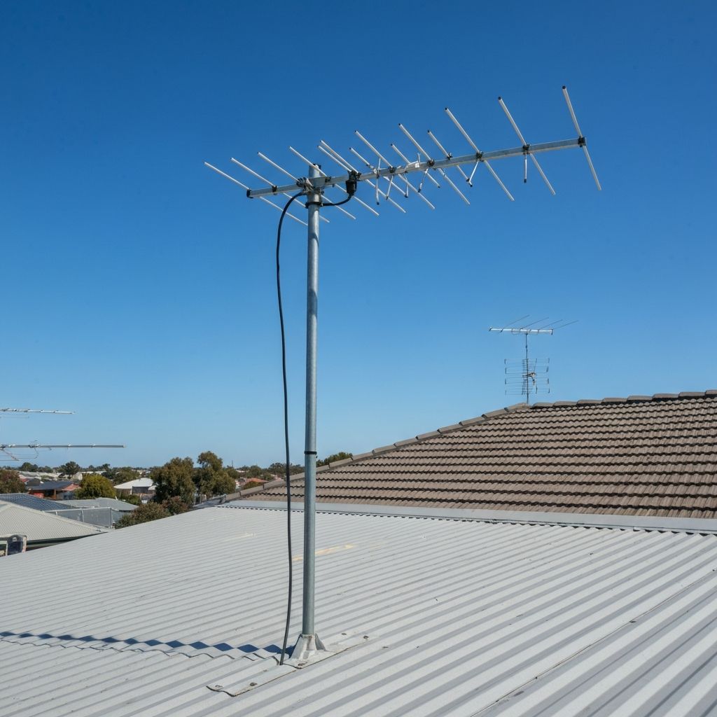 Repaired TV antenna and secure cable on a Perth roof