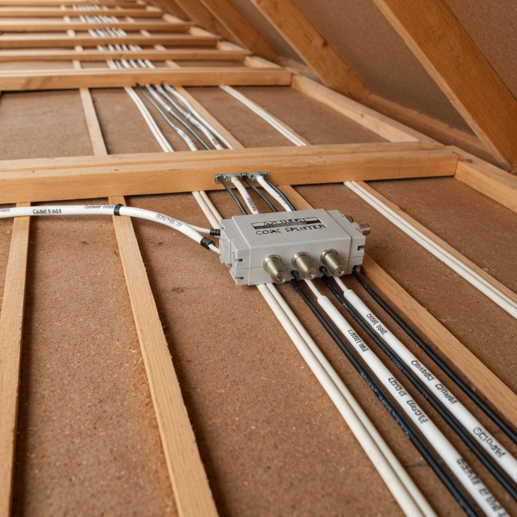 TV point cable run and splitter in a Perth roof space